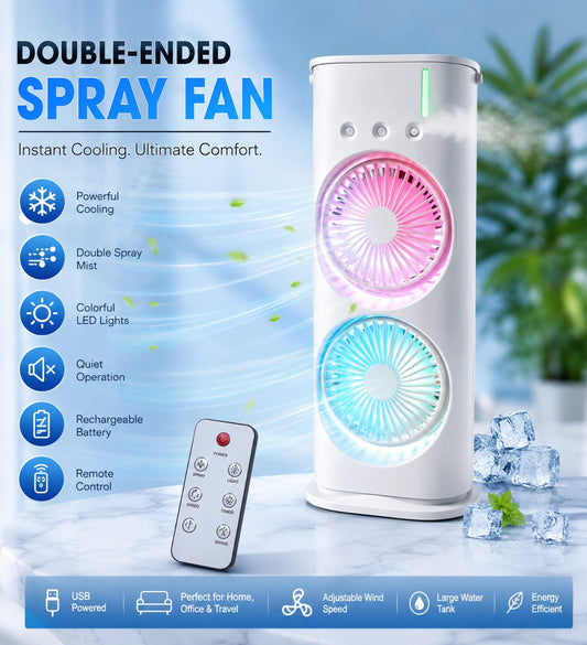 JELIACASA 4000mAh Double Ended Spray Fan, Cold Air Fan, USB Rechargeable fan with LED Light Cooler, Touch & Remote Control, 280ml Water Tank, Ice Filling USB Fan (White)