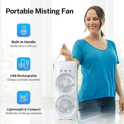 JELIACASA 4000mAh Double Ended Spray Fan, Cold Air Fan, USB Rechargeable fan with LED Light Cooler, Touch & Remote Control, 280ml Water Tank, Ice Filling USB Fan (White)
