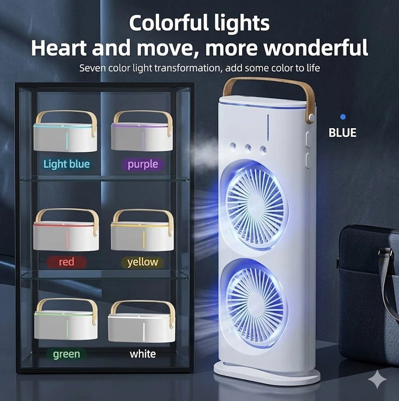 JELIACASA 4000mAh Double Ended Spray Fan, Cold Air Fan, USB Rechargeable fan with LED Light Cooler, Touch & Remote Control, 280ml Water Tank, Ice Filling USB Fan (White)