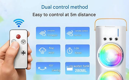 JELIACASA 4000mAh Double Ended Spray Fan, Cold Air Fan, USB Rechargeable fan with LED Light Cooler, Touch & Remote Control, 280ml Water Tank, Ice Filling USB Fan (White)